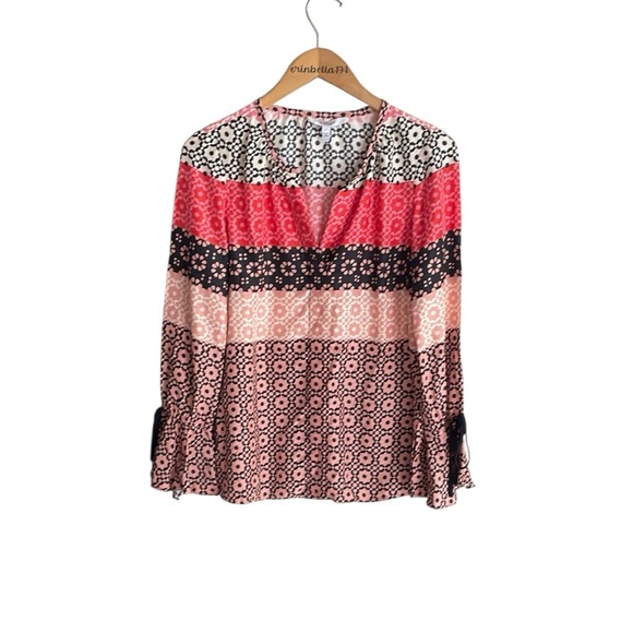 10 Crosby Derek Lam Tie Sleeve Print Silk Blouse in Carnation - Picture 2 of 16